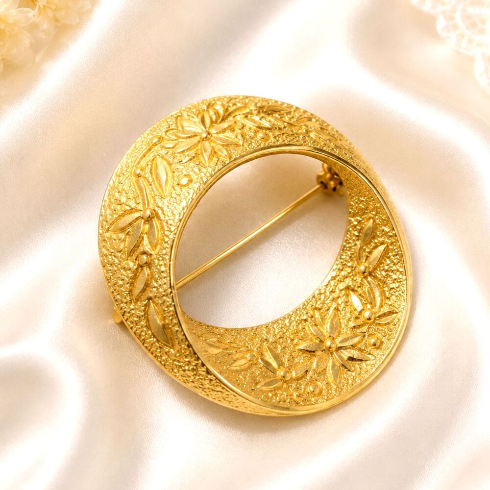 Gold Tone Flower Embossed Circle Brooch Mid Century